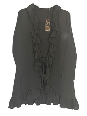 BooHoo Black Ruffle Open Spring Cardigan Double Tie